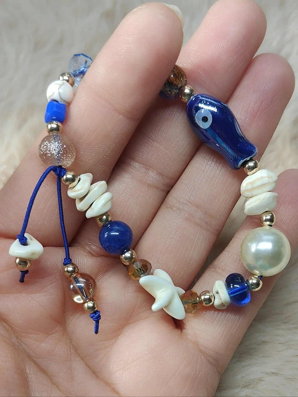 Blue and Ivory Beach Charm Stretch Bracelet